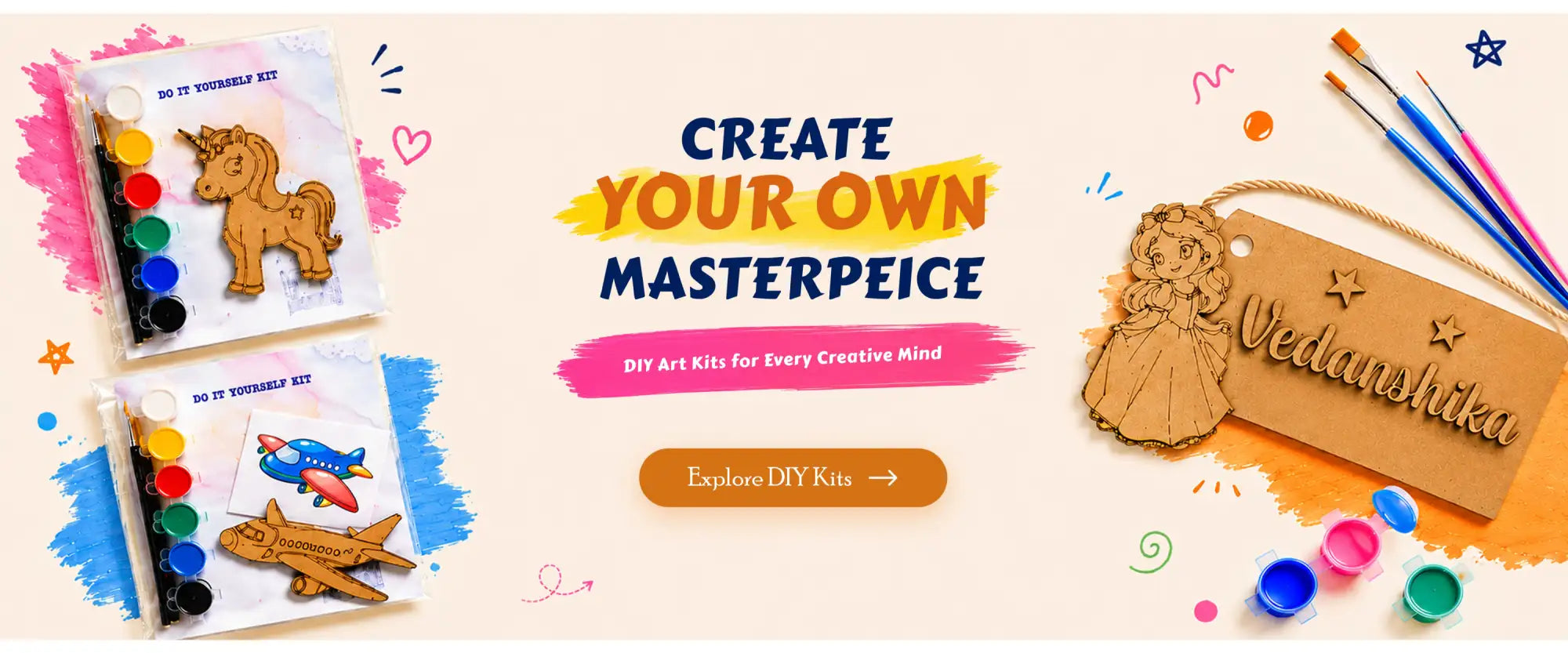 Wooden unicorn and airplane craft kits with colorful paint sets.