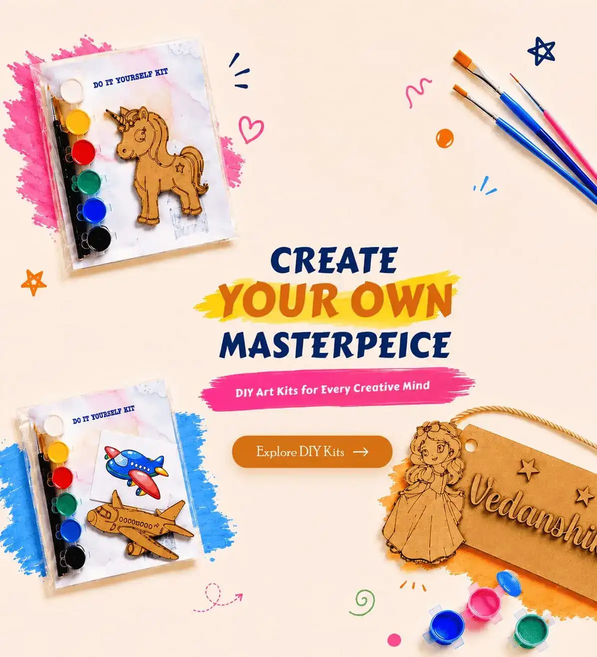 Wooden unicorn and airplane diy art kits with colorful paint sets.